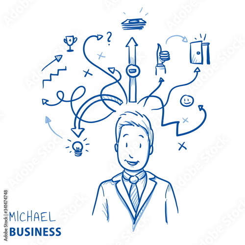Happy modern business man, with arrows and strategy icons, concept for planning, strategy, idea. Hand drawn line art cartoon vector illustration.