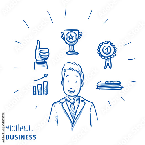 Happy modern business man, with success and winners icons, concept for leader, best employee. Hand drawn line art cartoon vector illustration.