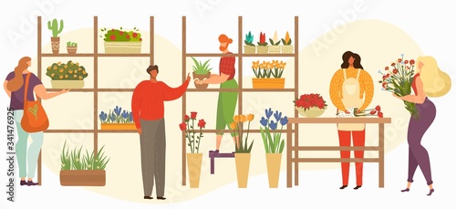 Flower shop sale, florist or female salesperson with bouquets, houseplants and customers buying flowers flat vector illustration. Floral compositions market and potted plants store interior.