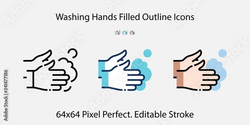 Washing Hands Filled Outline Icons. Colorful Linear Set Vector Line Icon. 64x64 Pixel Perfect. Editable Stroke