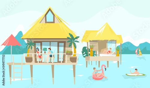 Sea bungalow and vacationers people sunbathing on tropical thai resort, vacation flat vector illustration. Sea travel or Thailand ocean for holiday, tropical beach hut, bunglow.