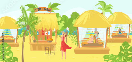Fototapeta Naklejka Na Ścianę i Meble -  Sea bungalows for tourists and vacationers people on tropical thai resort, massage, hut for meditation and bar on vacation flat vector illustration. Thailand beach hut, bunglow services on beach.