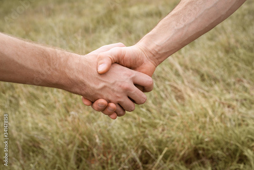 zwei menschen geben sich die hand in einigkeit und natur