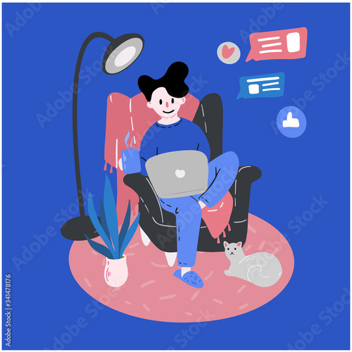 The young man works from home in a comfortable setting. Freelancer uses social networks to work. Cozy vector illustration.
