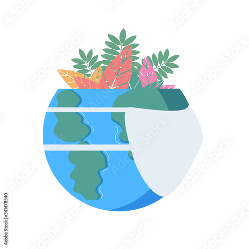 Planet in a medical mask. Vector illustration isolated on white background. Flat style. Planet with leaves. For posters and flyers.