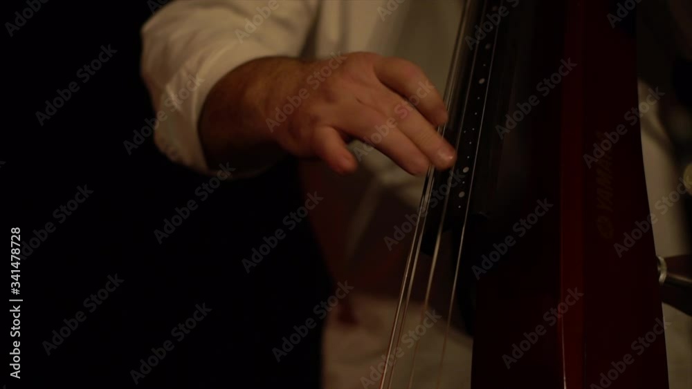 Man's hand playing a song on the contrabass at a concert in atmospheric light - 4k close up Man's hand playing a song on the contrabass at a concert in atmospheric light - 4k close up