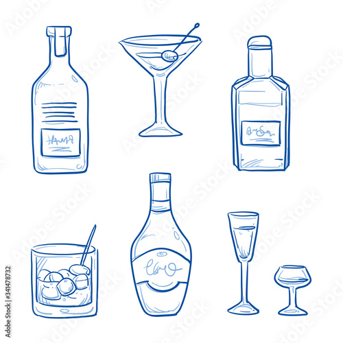 Icon set of different alcoholic drinks and spirituous beverages in bottles and glasses, as whiskey, gin, martini and grog. Hand drawn doodle vector illustration. photo