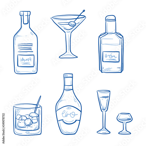 Icon set of different alcoholic drinks and spirituous beverages in bottles and glasses, as whiskey, gin, martini and grog. Hand drawn doodle vector illustration.