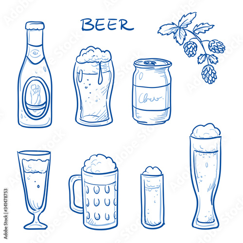 Icon set of different beer glasses for lager and bavarian wheat beer, a beer bottle and a tin.  Hand drawn doodle vector illustration.