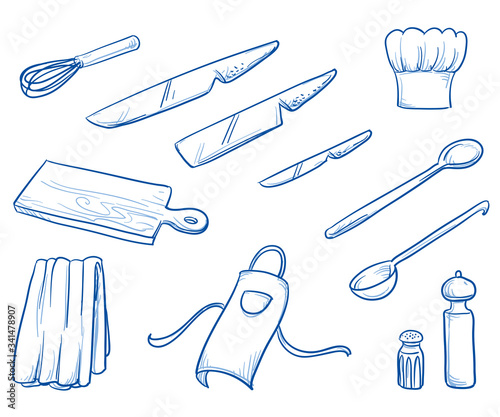 Icon set of different cooking or kitchen supplies as some knifes, spoons and chef's hat and skirting. Hand drawn doodle vector illustration.