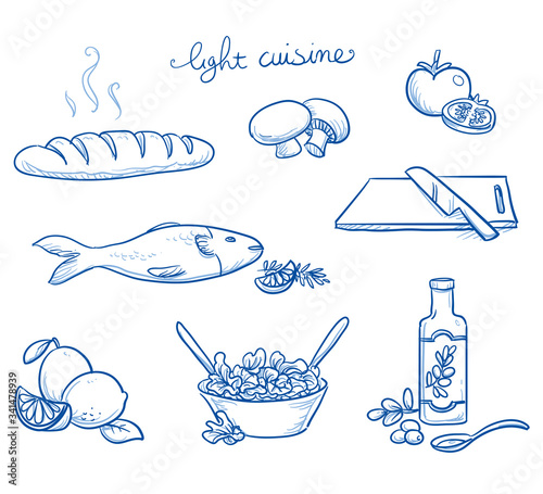 Icon set of different food and cooking objects from the light french cuisine as vegetables, fish, oil and fresh salads. Hand drawn doodle vector illustration.