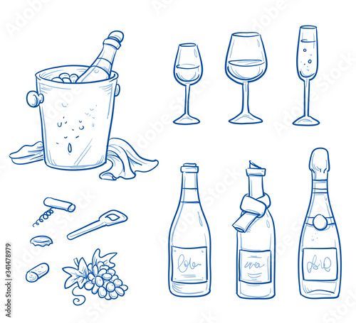 Icon set of different wine and sparkling wine bottles and glasses, some bottle openers and a champagne bucket. Hand drawn doodle vector illustration.