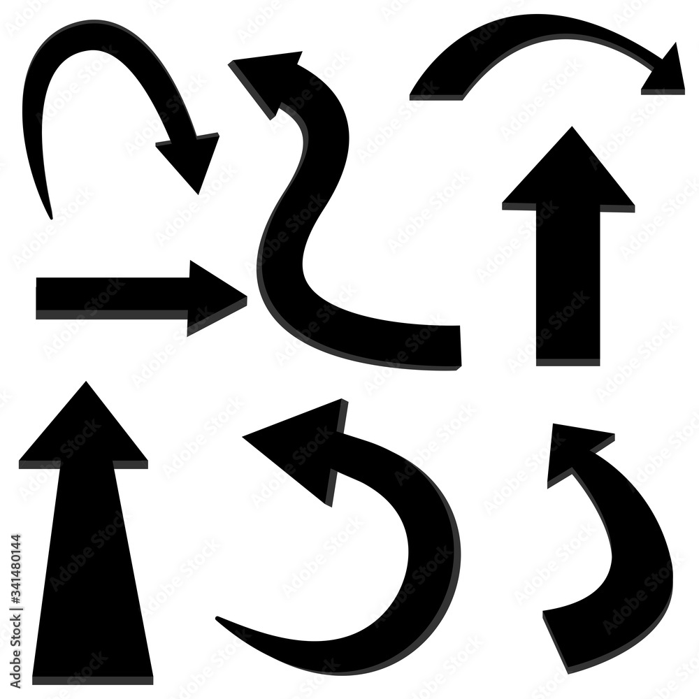 Arrows of black color on a white background of different shapes, curved, angled, straight. Vector illustration. Stock drawing.