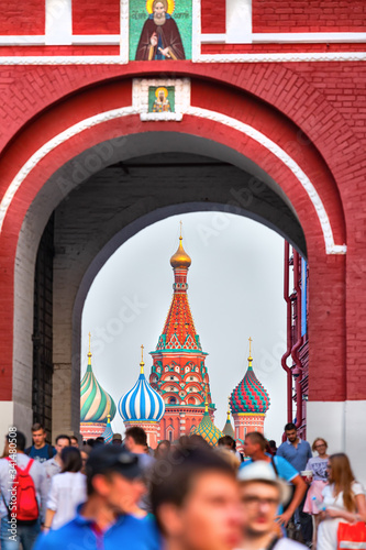 Basil cathedral from Resurection Gate in Red Square, Moscow photo