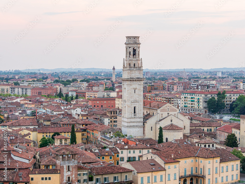Cityscape of Verona city in Italy, view of the Duomo of Verona cathedral.
City without tourists due to the pandemic and isolation at home