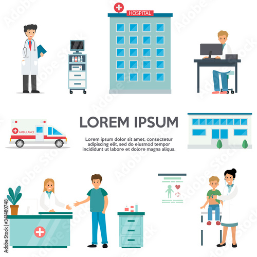 Health Care And Medical Diagnosis And Personnel. Doctors Men And Women At Their Workplaces Ready To Help. Hospital Building, Ambulance Car And Patients. Cartoon Flat Style. Vector Illustrations Set