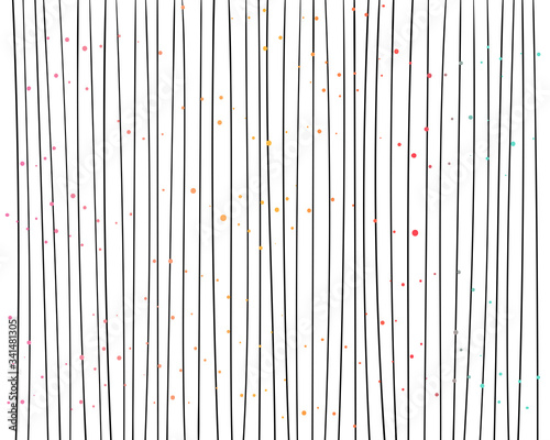 Hand drawn vertical parallel thin black lines on white background. Decorative confetti dot spots. Abstract vector decorative texture pattern for graphic design