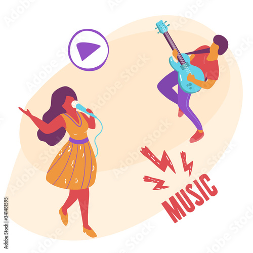 Illustration of a singer and guitarist who play and sing jazz, rock and roll or other driving music.