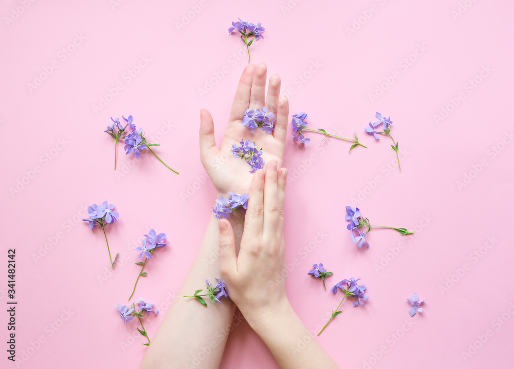 Fototapeta premium Beauty hands of a woman with blue flowers on a pink background. Natural cosmetics product and hand care, moisturizing and wrinkle reduction, skincare and flat lay copyspace.