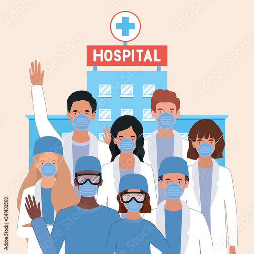 Men and women doctors with masks against 2019 ncov virus vector design