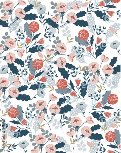 Graphic painting of leaf and flowers, seamless pattern on white background
