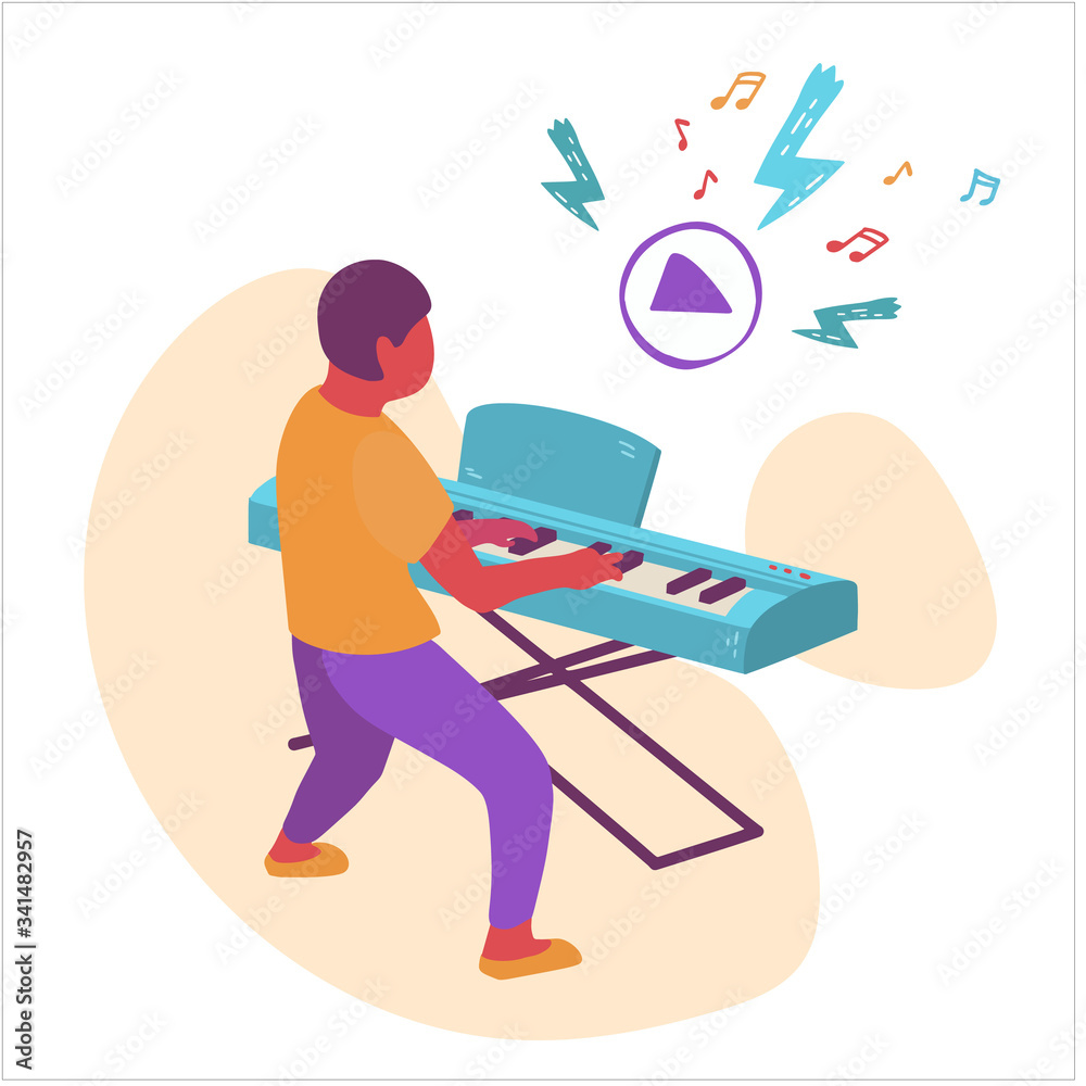 Vector illustration of a pianist playing a synthesizer, drive, music and art.