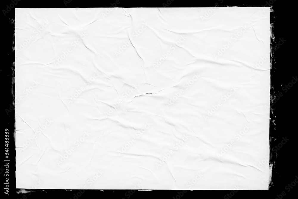 White paper poster mockup isolated on black background. Blank glued creased paper sheet texture - obrazy, fototapety, plakaty 