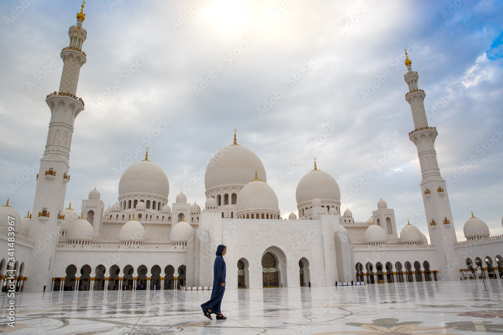 Obraz premium a girl in front of a mosque in Abu Dhabi under a palm tree UAE