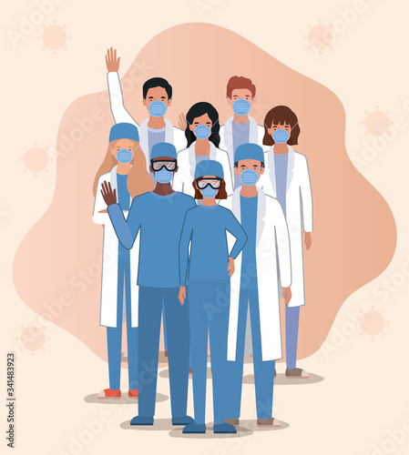 Men and women doctors with masks against 2019 ncov virus vector design