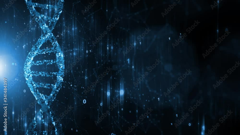 Artistic rotating of a dna helix molecule on futuristic copy space animation background with binary numbers.