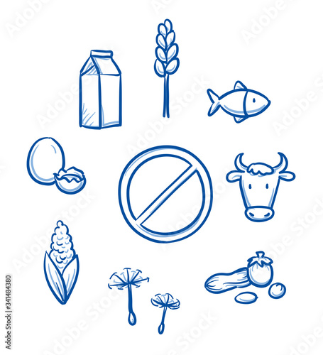 Set of different food allergy icons, for packaging. Hand drawn line art cartoon vector illustration. 