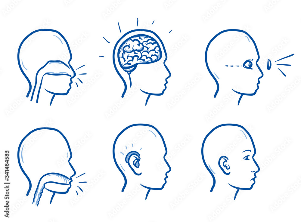 Set of several icons of the human head with different focuses on disorders, for medical info graphics. Hand drawn line art cartoon vector illustration.