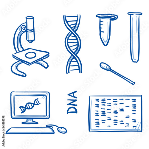 Set of different icons of genes, diseases and treatment, for medical info graphics. Hand drawn line art cartoon vector illustration.