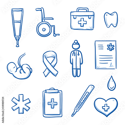 Set of different medical icons and objects, such as doctor, fetus, wheelchair, clipboard, heart, blood, thermometer. Hand drawn line art cartoon vector illustration.