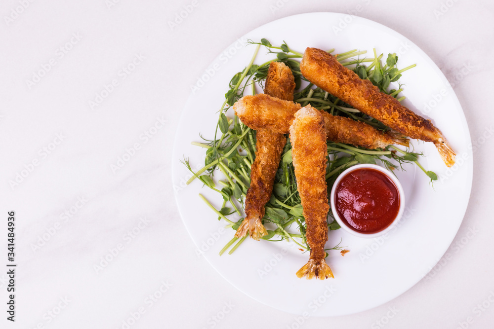 Tempura deep fried shrimp fish with tomato sauce. street food. Tempura deep fried shrimp fish with tomato sauce. street food.