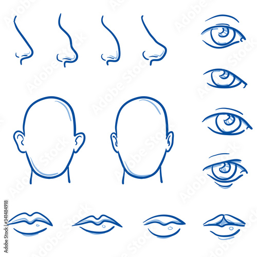 Set of different human parts of the head (as ears, eyes, lips, nose) in unattractive and optimized versions, for plastic surgery purposes. Hand drawn line art cartoon vector illustration. 