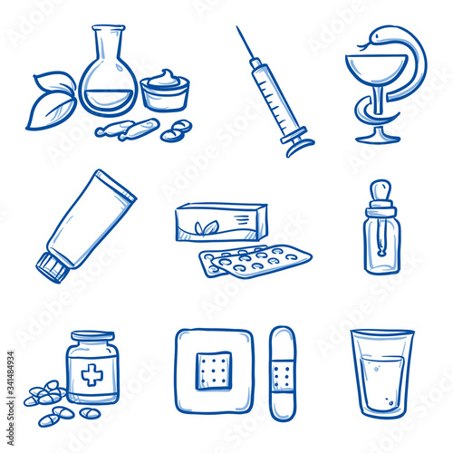 Set of different medical icons, various drugs and medications. Hand drawn line art cartoon vector illustration.