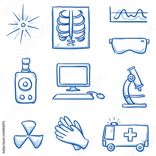 Set of different medical radiation and x-ray icons, for info graphics. Hand drawn line art cartoon vector illustration.