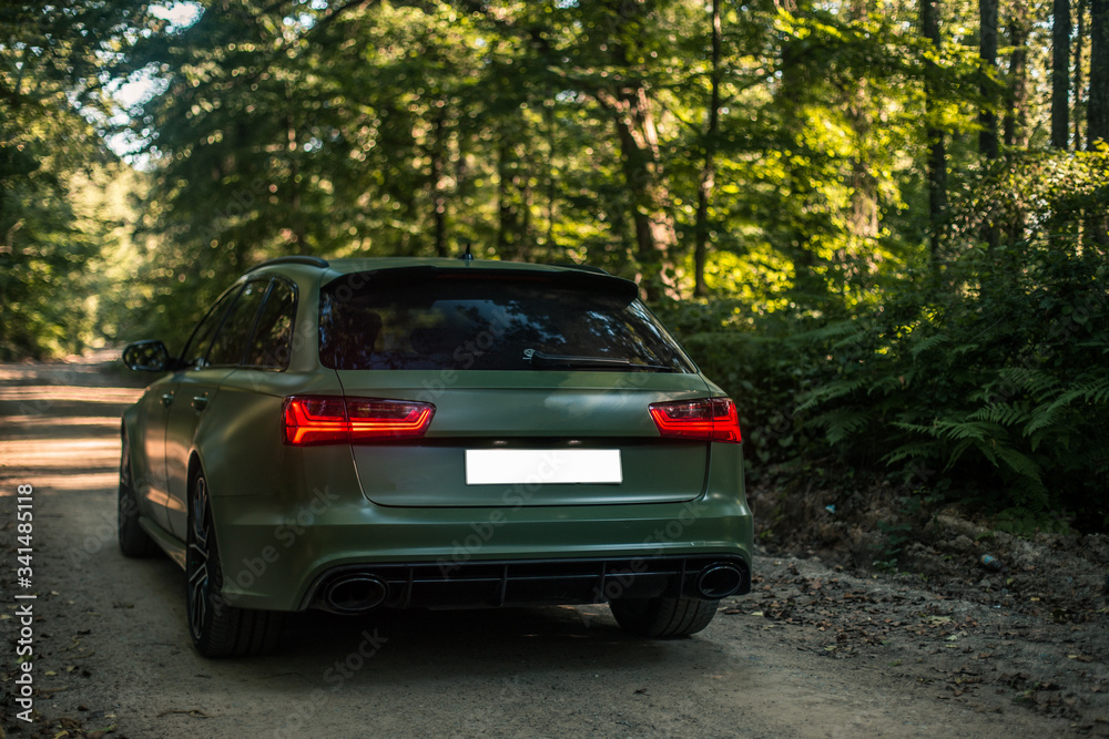 Blue sedan travelling in the forest in a dark shadow, view from behind