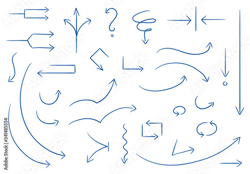 Set of different thin straight and curved arrows for work flow charts, video clips or info graphics. Hand drawn doodle cartoon vector illustration.