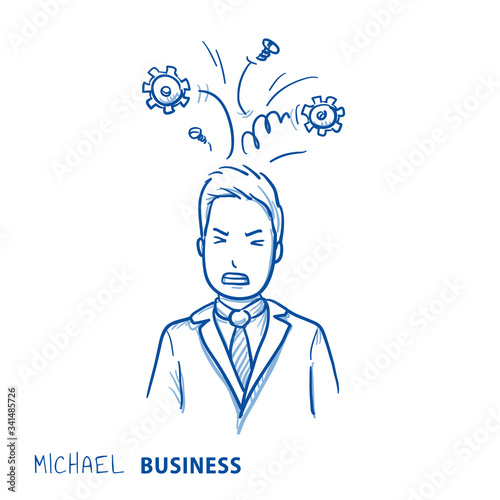 Angry business man with gears coming out of his head concept for stress, burnout, headache, too much work, hand drawn doodle vector illustration.