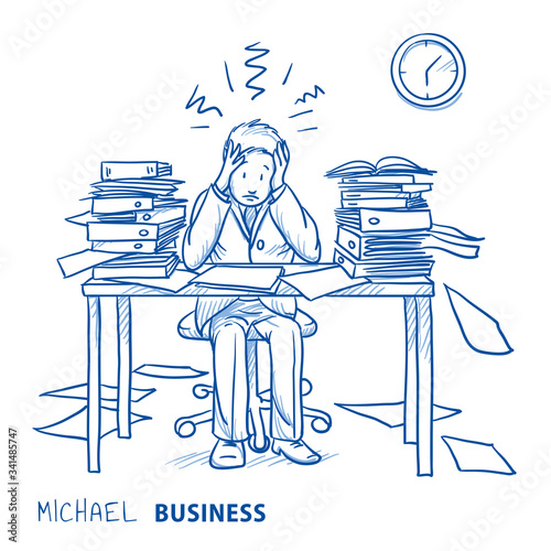 Business man employee being desperate of too much work at his desk full of documents concept for stress, burnout, chaos or bad organization. Hand drawn line art cartoon vector illustration.
