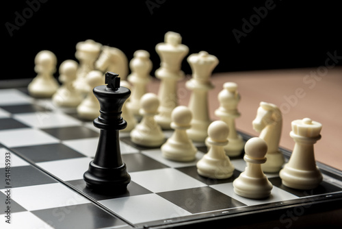 chess black king stands opposite the white chess opponent. Symbol of leadership and confrontation. Horizontal frame