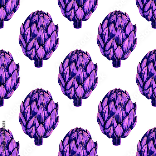 Seamless pattern with hand drawn flowers: artichoke, orchid, cotton, poppy, tulip, eucalyptus. Bright spring or summer print for any purposes. Decorative floral pattern. Colorful nature background.