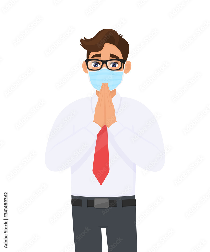 Young businessman wearing medical mask and greeting with hands together. Person with eye glasses saying namaste gesture sign. Healthy life. Male character design illustration in vector cartoon style.