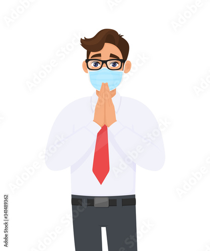 Young businessman wearing medical mask and greeting with hands together. Person with eye glasses saying namaste gesture sign. Healthy life. Male character design illustration in vector cartoon style.