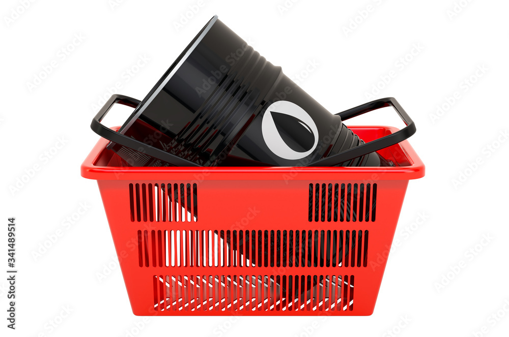 Fototapeta premium Shopping basket with oil barrel, 3D rendering