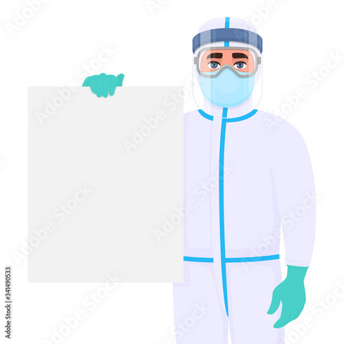 Doctor in virus safety protection suit and showing blank poster. Medical person holding empty banner. Physician covering body with personal protective equipment. Professional surgeon displaying board.