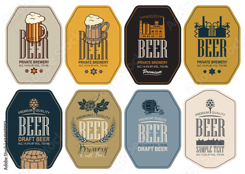 Set of vector labels for beer and brewery in figured frames in retro style. Labels with overflowing glasses of frothy beer, hop cones, ears wheat, image of brewery production and brewing equipment