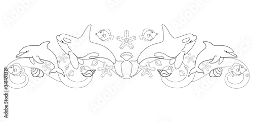 Symmetrical children's coloring with sea inhabitants - killer whales, dolphins, fish, shells and starfish in the waves. Marine vector coloring antistress. Linear picture about the ocean. Outline.